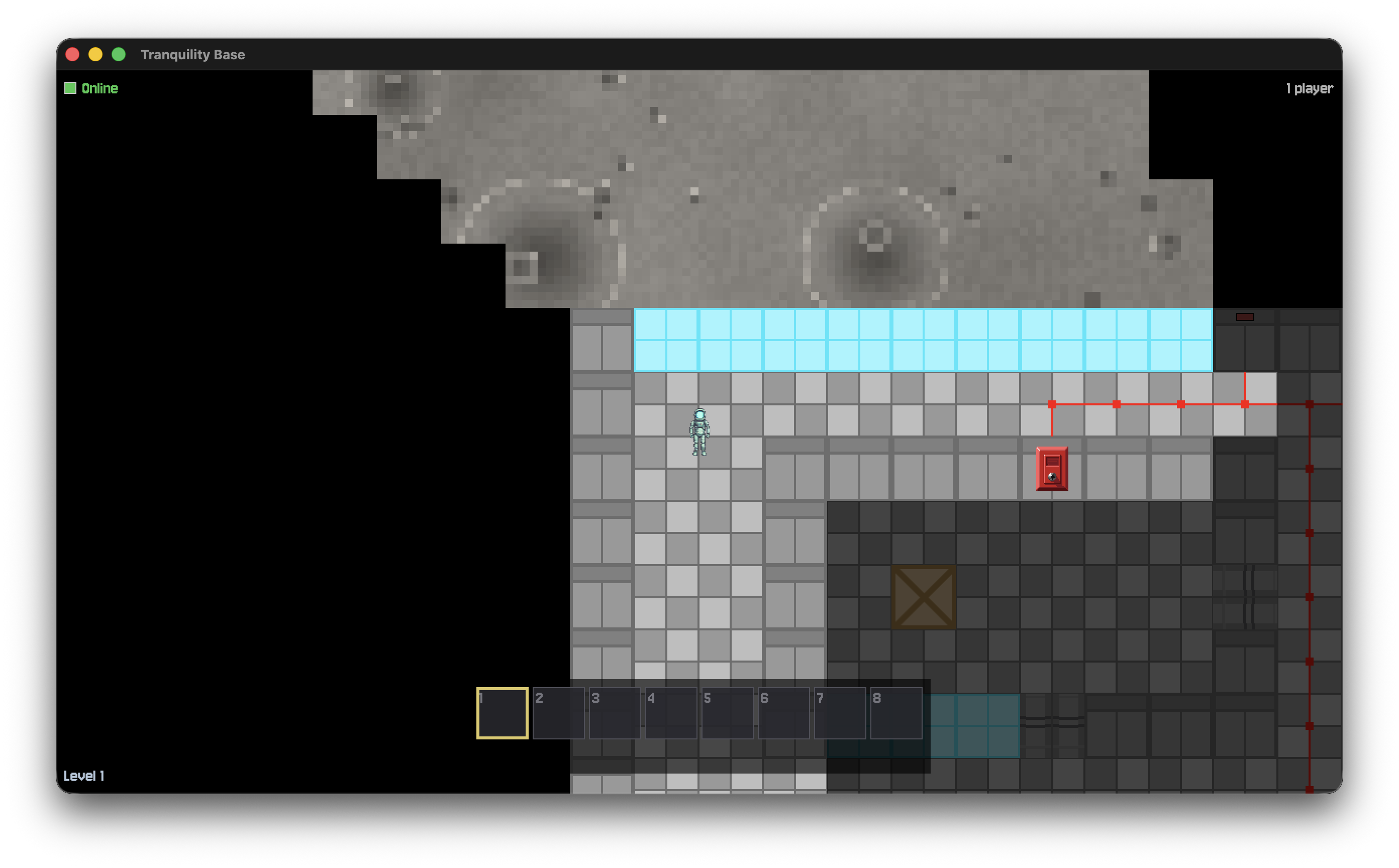 A player stands just inside the station's edge, looking out past a window and a fire alarm panel onto the dusty, cratered lunar surface.